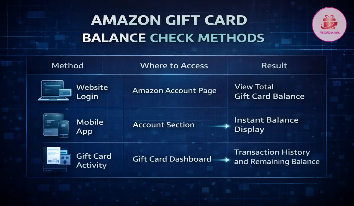 Illustration of Amazon Gift Card balance check methods on the website and account pages