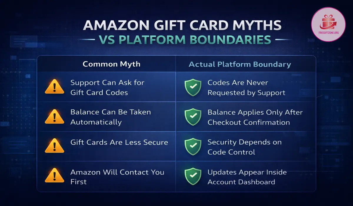 Illustration comparing common Amazon Gift Card myths with reality around support, balance, and security