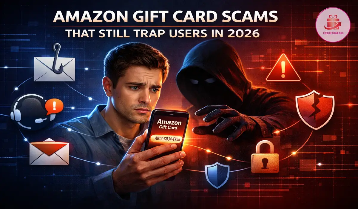 Warning image about Amazon Gift Card scams that still trap users through urgency and fake authority