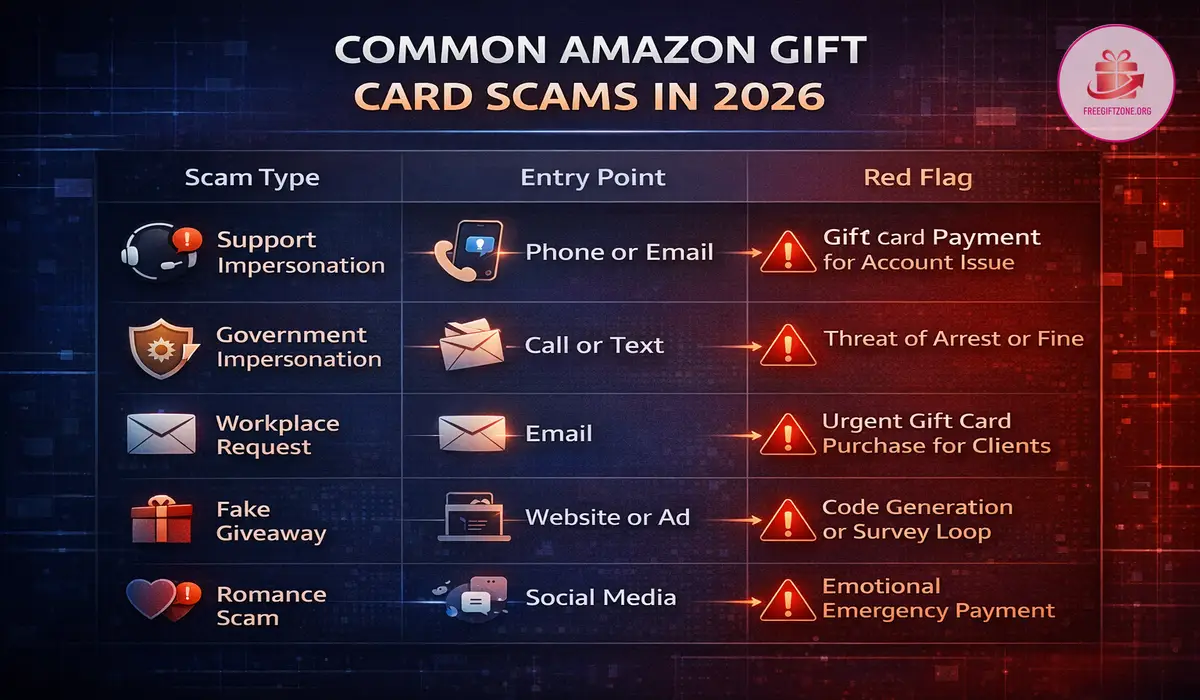 Visual summary of common Amazon Gift Card scams still active in 2026
