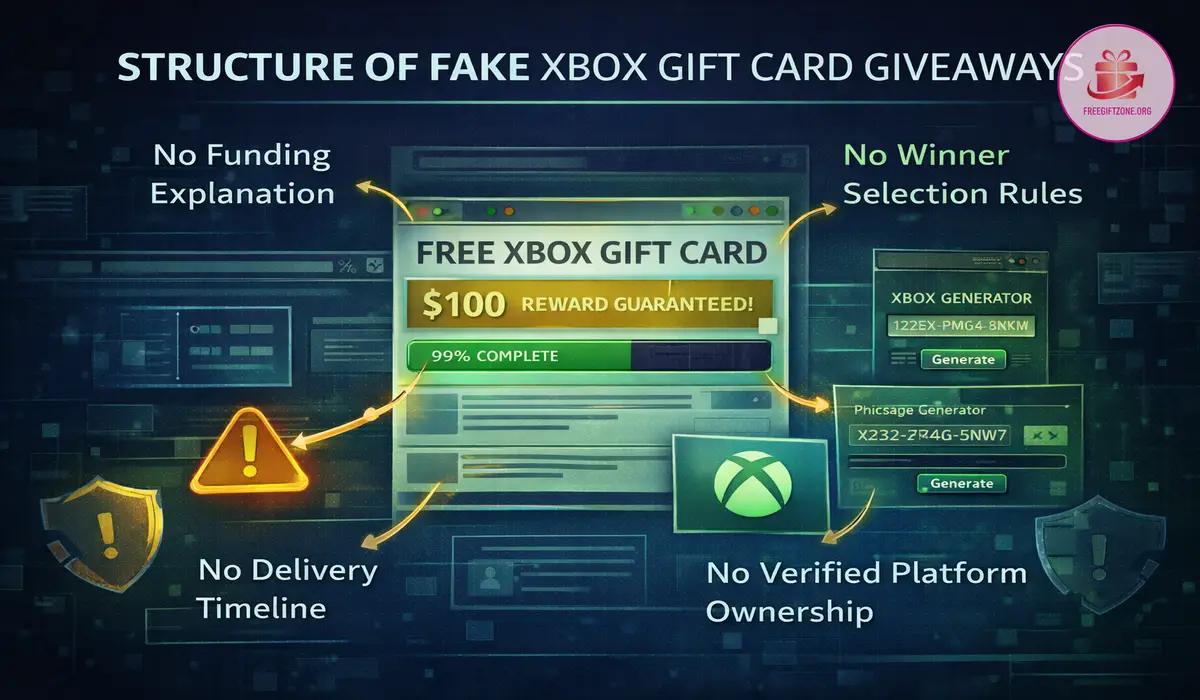 Diagram breaking down the structure of a fake Xbox Gift Card giveaway page