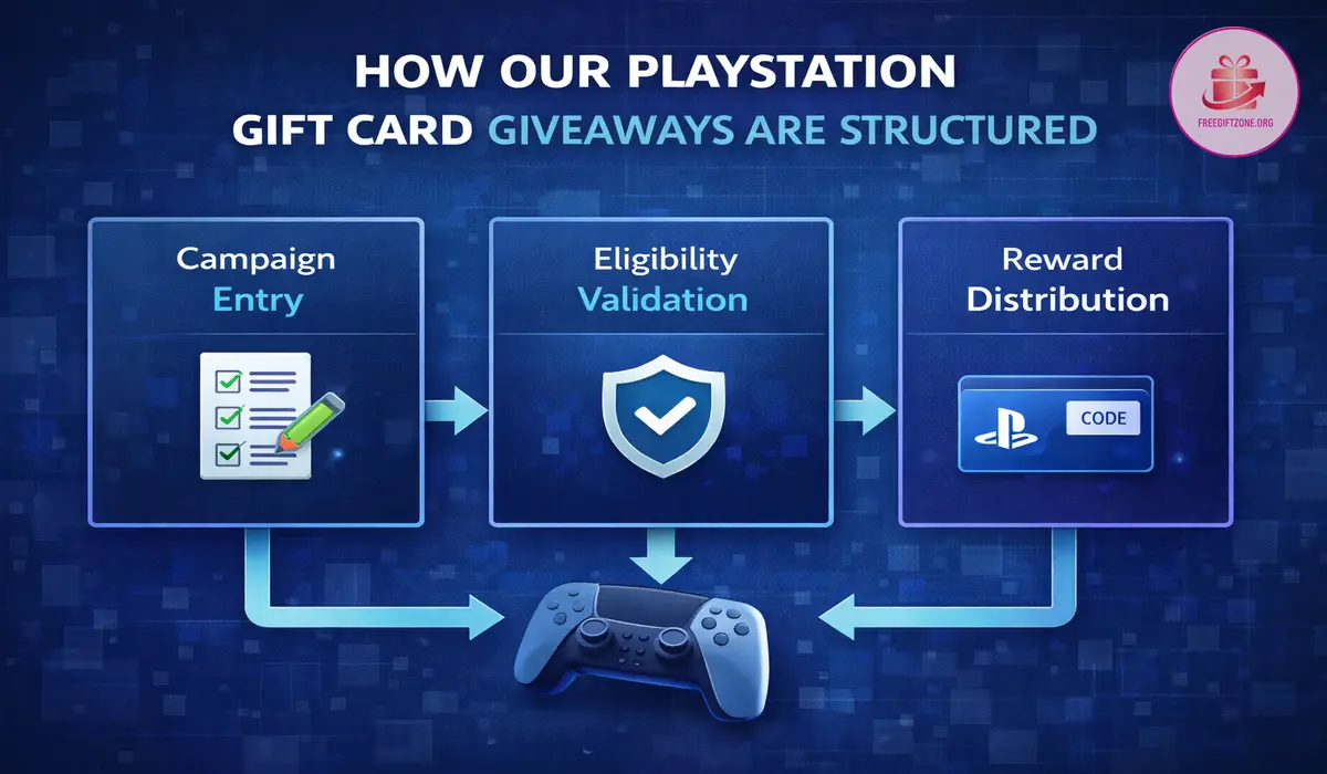 Diagram explaining how our PlayStation gift card giveaway structure works from selection to delivery