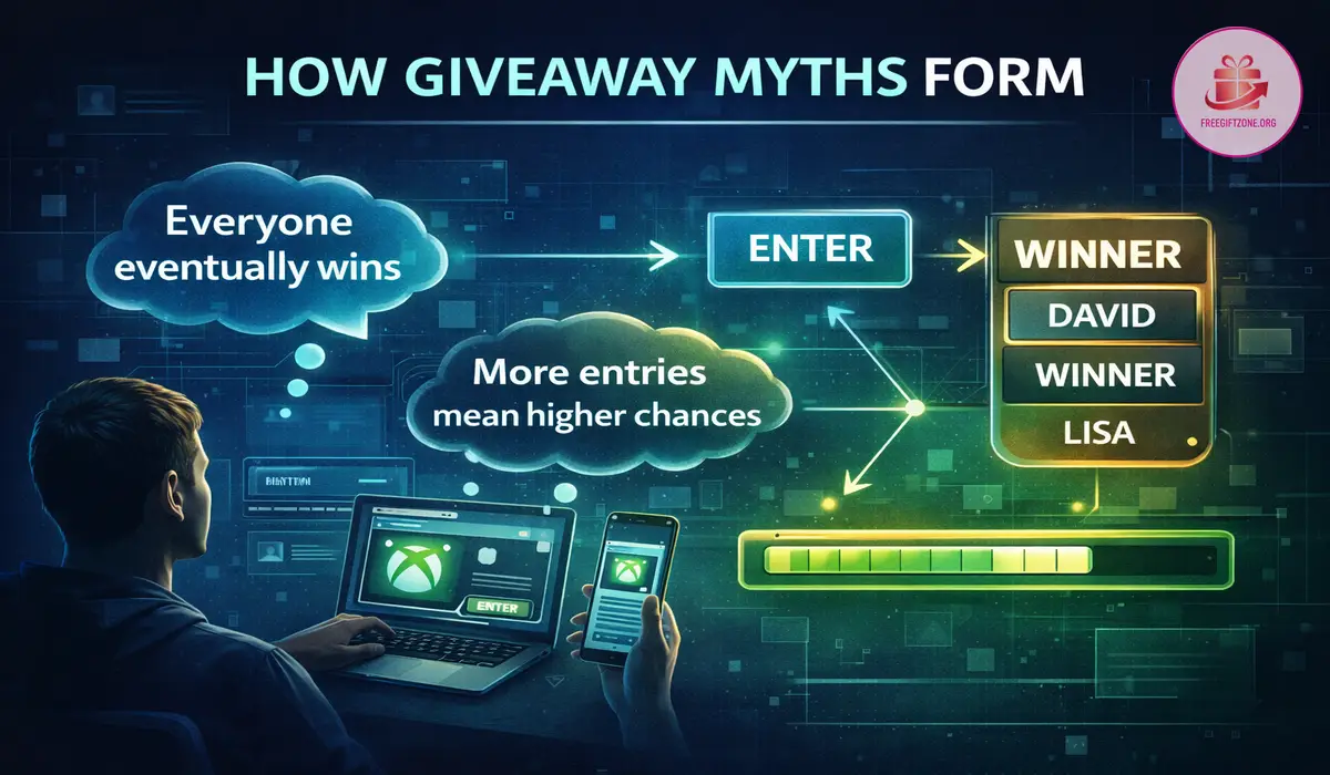 Diagram showing how misunderstandings about Xbox Gift Card giveaways spread through repeated assumptions