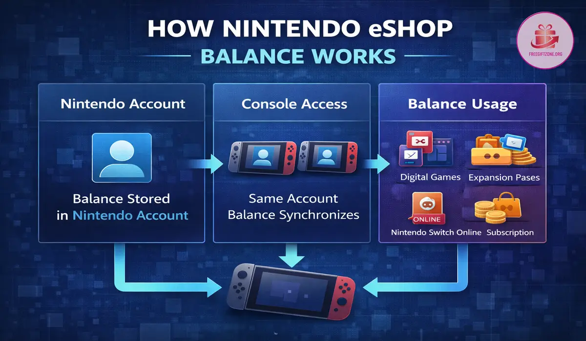 Illustration showing how Nintendo eShop balance works after a gift card is redeemed