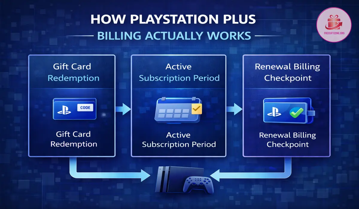 Diagram explaining how PlayStation Plus billing works with wallet balance and renewal timing