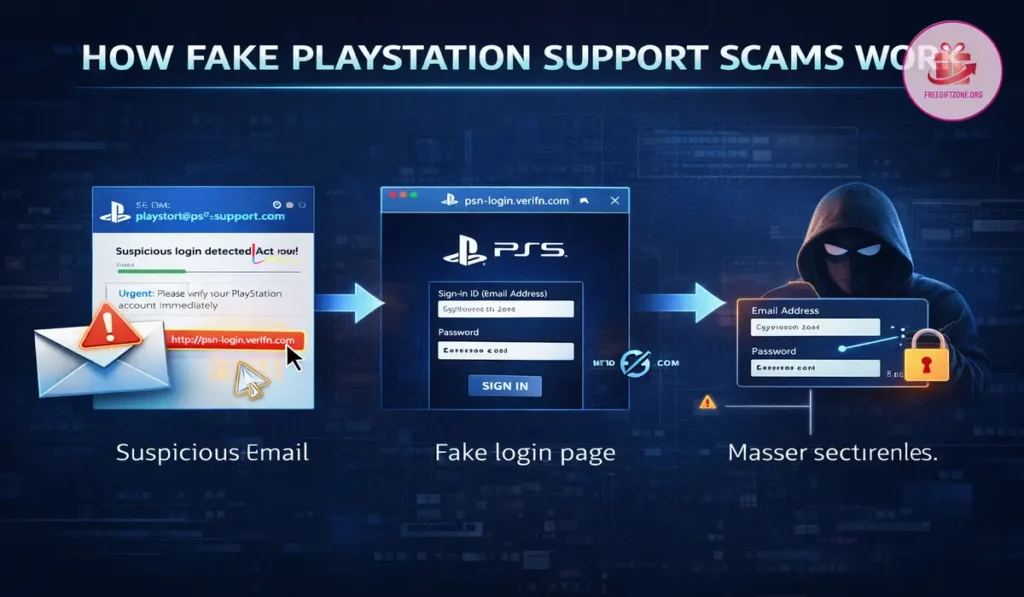 Warning image showing how modern PlayStation scams trick users through urgency and imitation