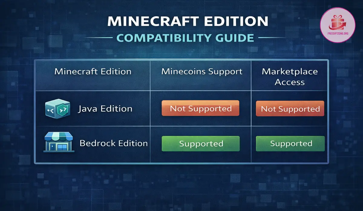 Guide image showing Minecraft edition and redemption compatibility across supported platforms