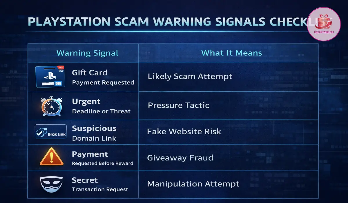Checklist image showing the main warning signs users should notice in PlayStation scam attempts