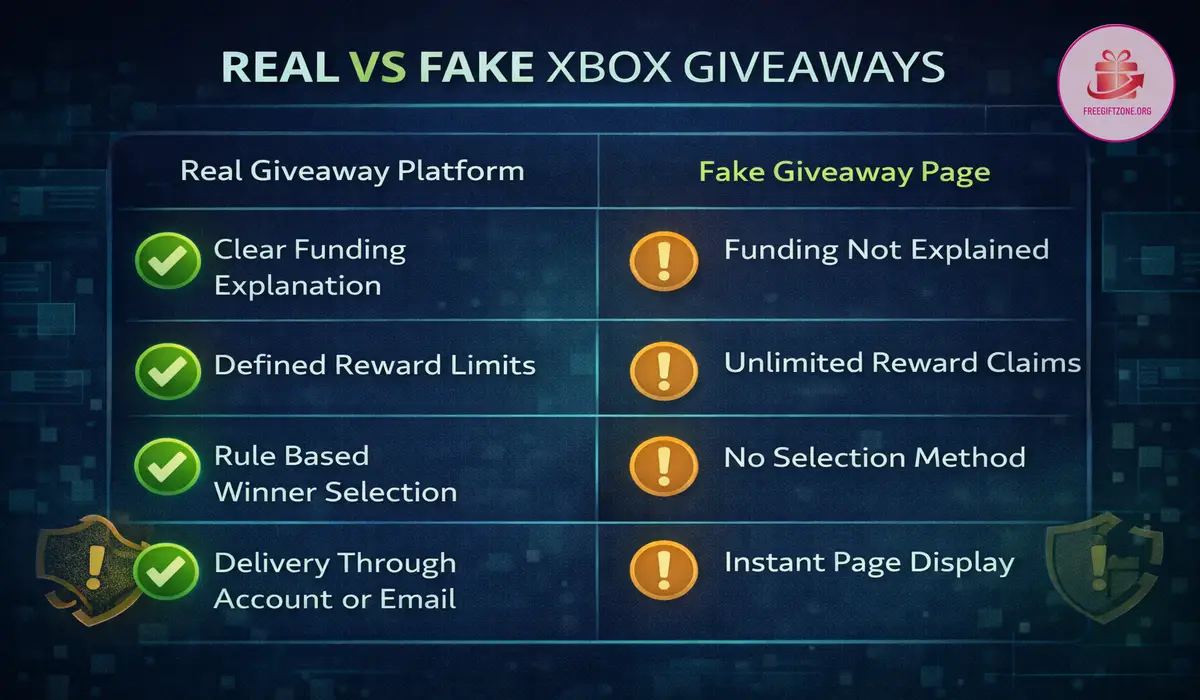 Comparison infographic showing how real Xbox Gift Card giveaways differ from fake pages