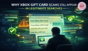 Warning image showing why Xbox Gift Card scam pages still appear in legitimate search results