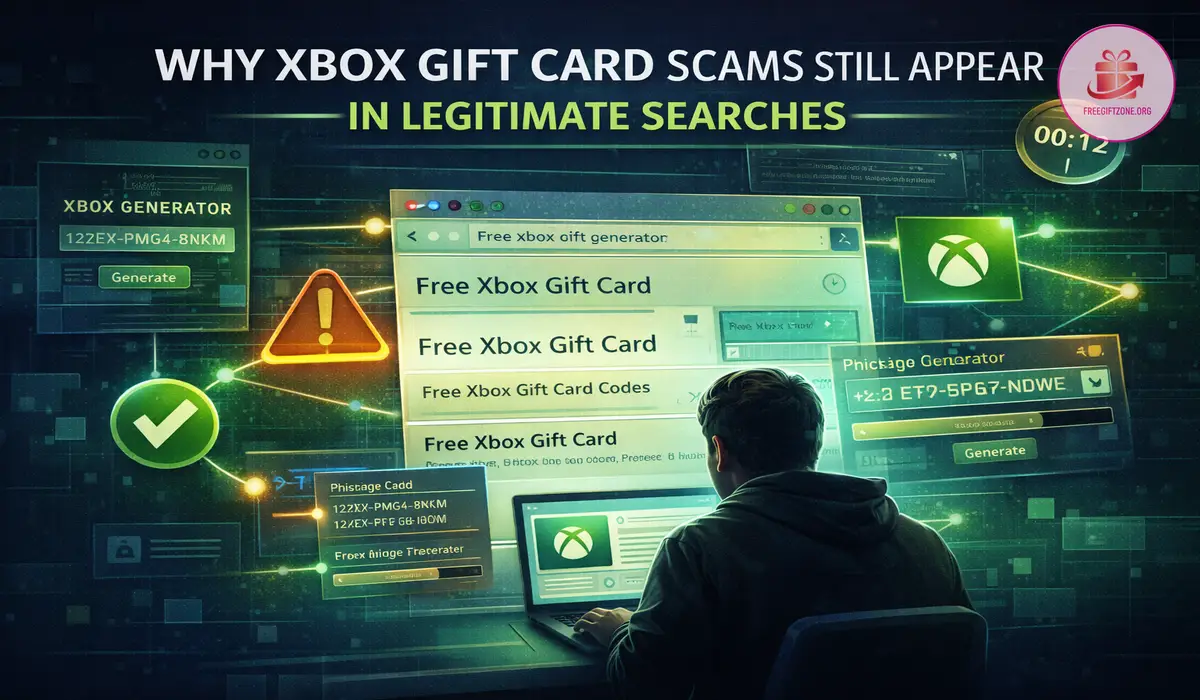 Warning image showing why Xbox Gift Card scam pages still appear in legitimate search results