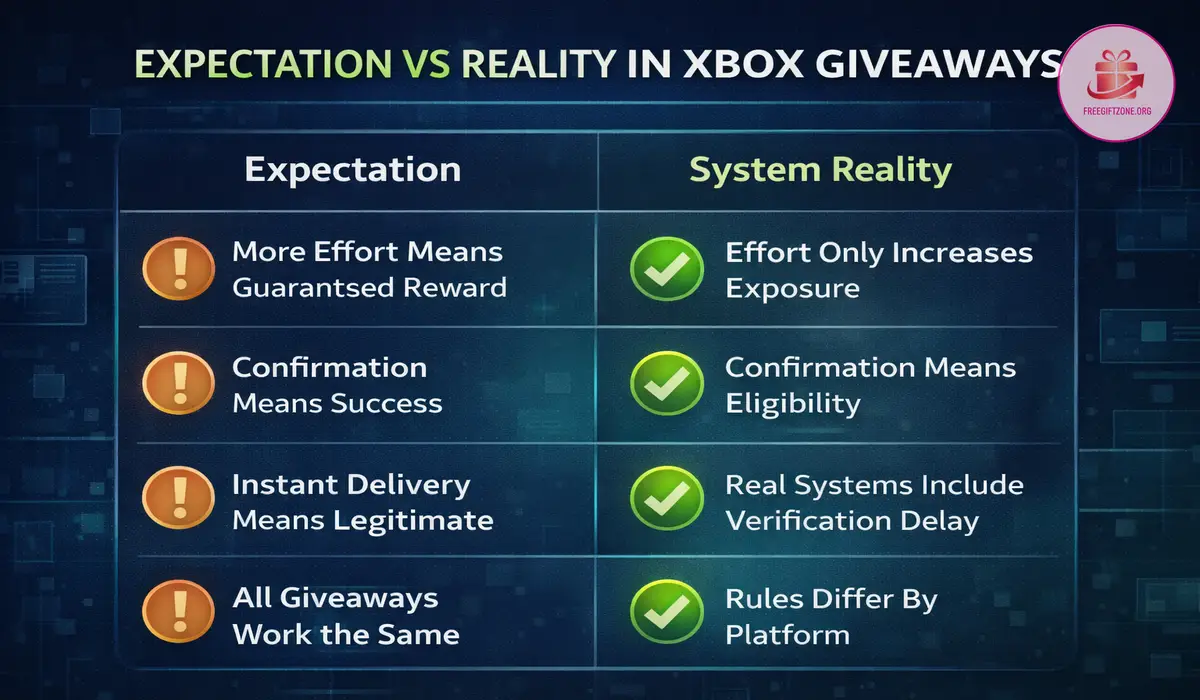 Comparison image showing Xbox Gift Card giveaway expectations versus how legitimate giveaway systems actually work